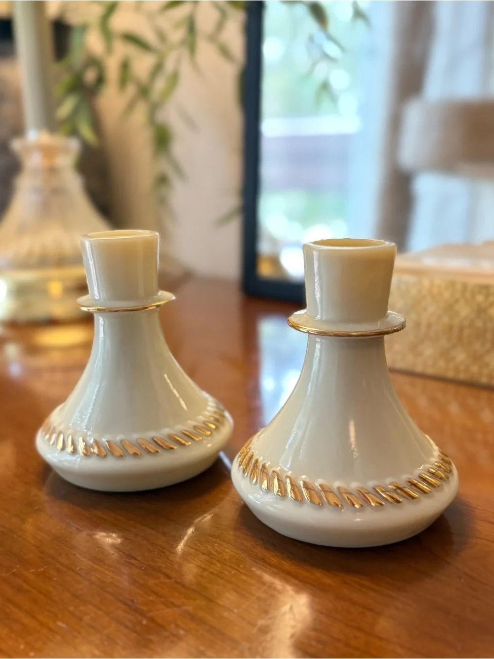 Vintage Wheaton Custard Glass Candlestick Holders with Gold Trim - Pair